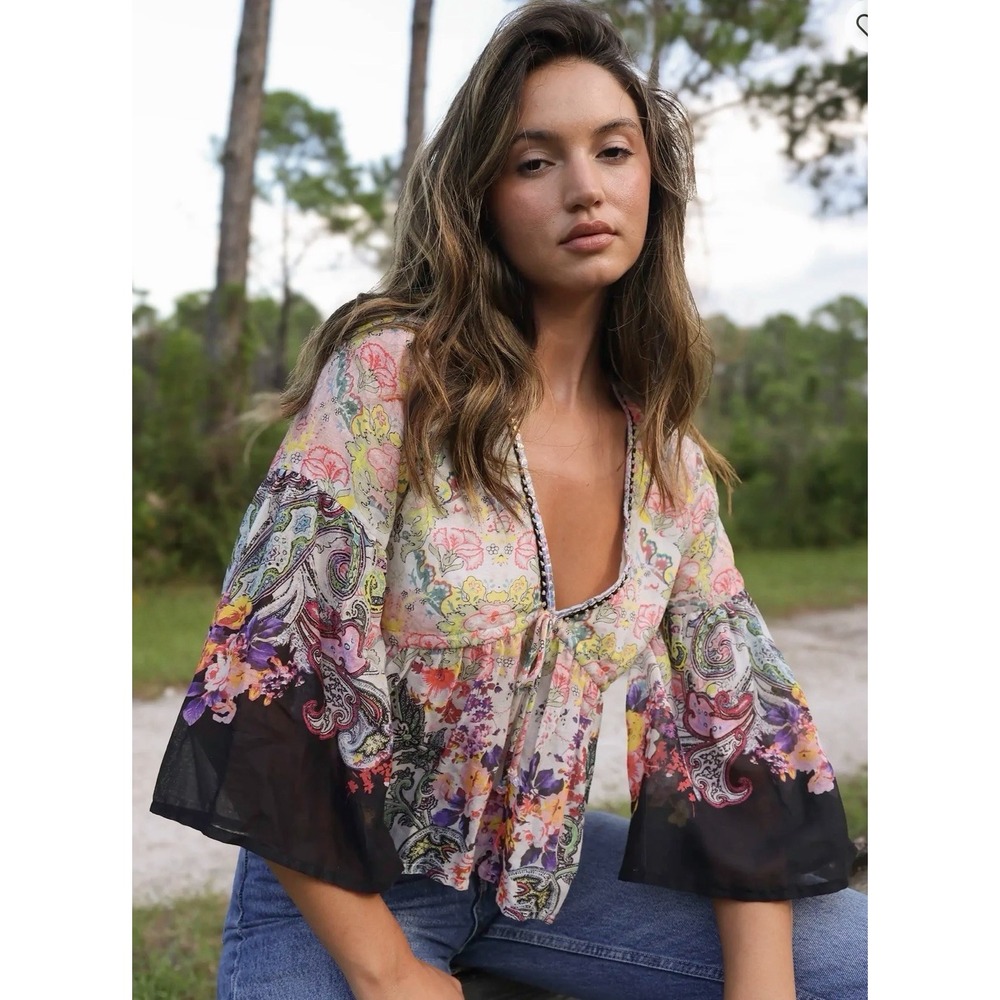 Natural Life Isabella Cotton Top Women Small Floral Boho Fairycore Sequins